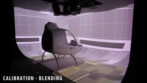 This video illustrates the use of our semi-spherical projection screen for flight control experiments. Six projectors are creating a seamless large field-of-view of 230 degrees horizontally and 125 degrees vertically.