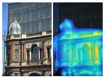 Left: a 1920s building with a glass façade building directly behind it in Tehran. Right: orange/red indicates where people look at most, elements attracting less visual attention are blue. The glass façade is practically invisible to the human mind. Left: a 1920s building with a glass façade building directly behind it in Tehran. Right: orange/red indicates where people look at most, elements attracting less visual attention are blue. The glass façade is practically invisible to the human mind.