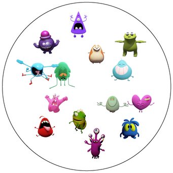 Das Gehirn generiert eine mentale „Wissenskarte“ über die virtuelle Monsterwelt, wie Forschende in einem Experiment herausfanden. 14 niedliche Monster innerhalb eines Kreises unregelmäßig angeordnet