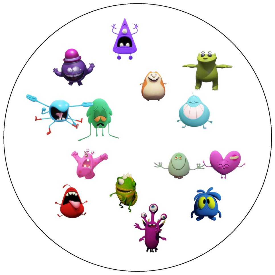 14 cute monsters arranged irregularly inside a circle