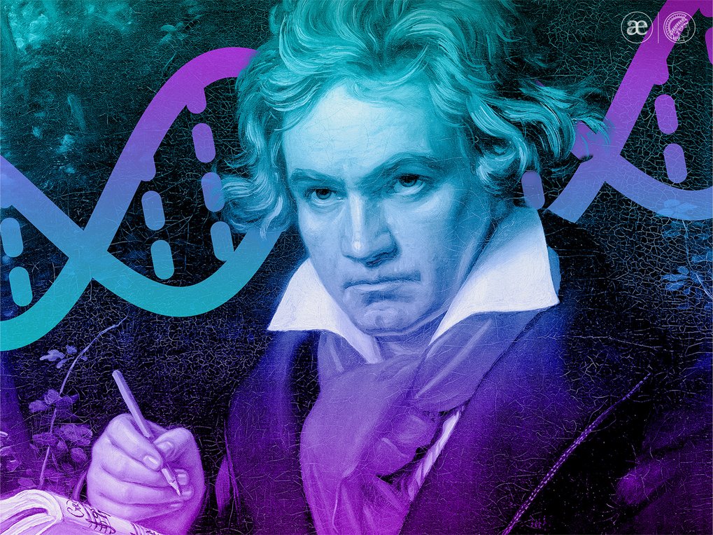 Beethoven, im Hintergrund ein DNA-Strang