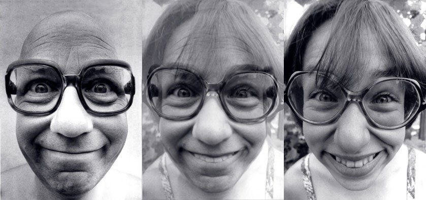 A man's face, a woman's face, and a face morph which combines both.