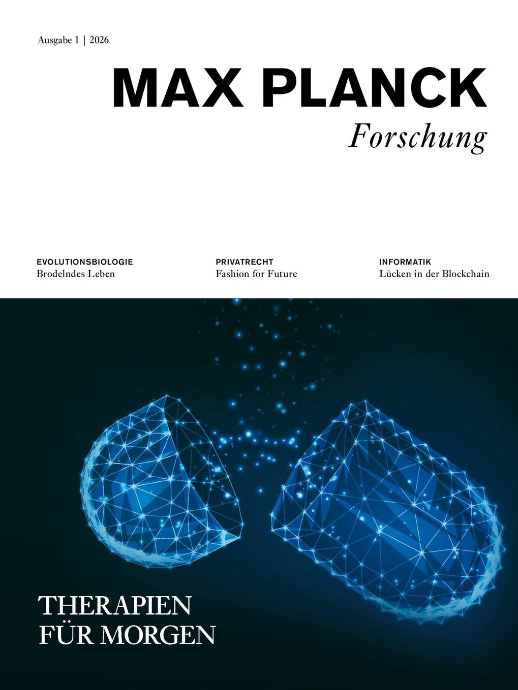 Magazin Cover mit einer geometrischen Darstellung einer digital gesplitteten Pille