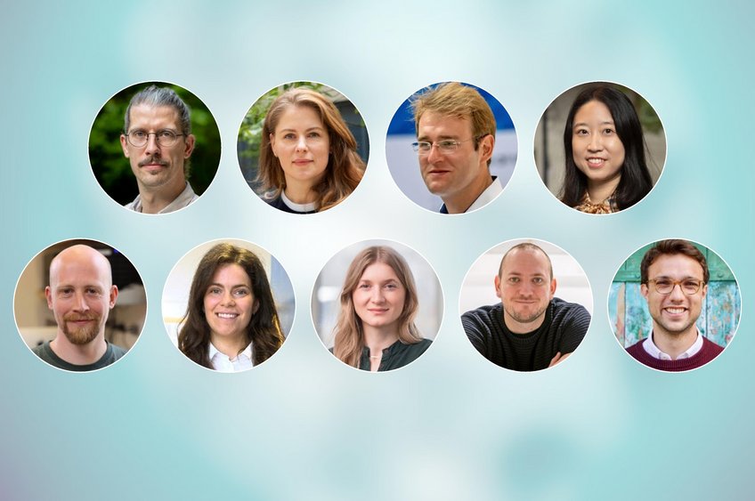 Neun Mal erfolgreich. Die ERC Grantees der Max-Planck-Gesellschaft (von links oben nach rechts unten): Thomas Leimkühler, Stephanie Möllmert, Fabian Voigt, Yiting Xia, Philipp Brand, Alicia Bruzos, Romy Lorenz, Andrija Sente undBenedict Probst. Neun unterschiedliche Personen, dargestellt in kreisförmigen Porträtfotos, aufgereiht in zwei Reihen vor einem einfarbigen, leicht verschwommenen Hintergrund.