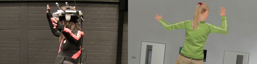Body Motion Capture and Animation Technology Person with motion capture equipment next to a digital avatar.
