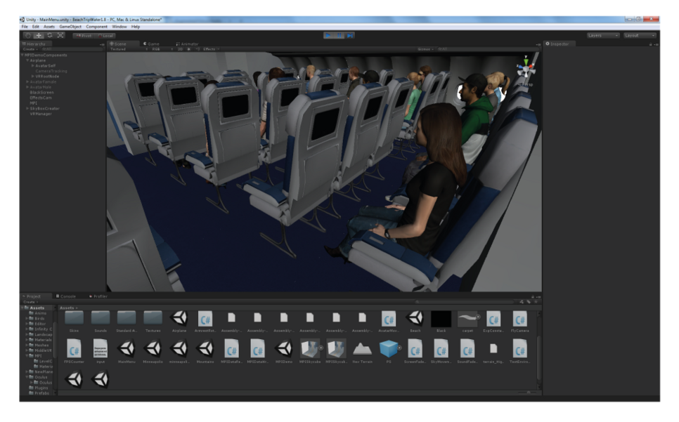 3D model of airplane cabin with seated passengers.