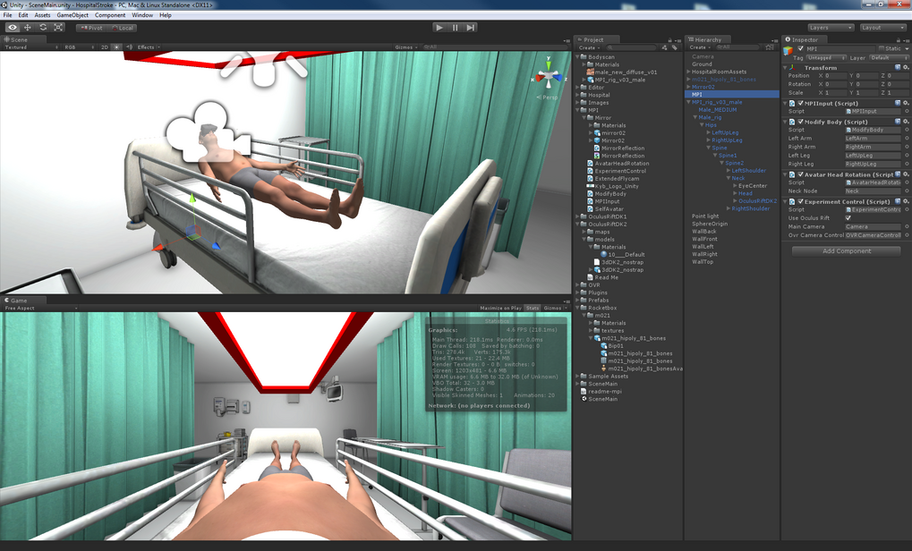 Unity interface showing a hospital room simulation with a virtual patient lying in bed, surrounded by green curtains.