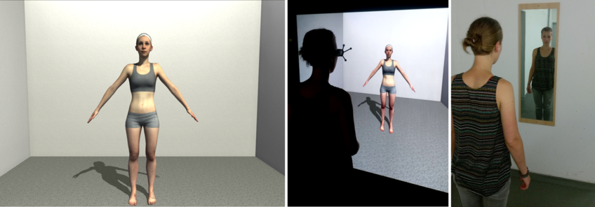 Left: Screenshot of the virtual scene viewed by the participant; Middle: participant views personalized avatar on large-screen immersive stereo display, mimicking a scenario as if standing in front of a full-length mirror (right). Left: Screenshot of the virtual scene viewed by the participant; Middle: participant views personalized avatar on large-screen immersive stereo display, mimicking a scenario as if standing in front of a full-length mirror (right).