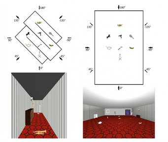 Die Gegenstände im offenen Raum sind genauso angeordnet wie in den Korridoren. Allerdings müssen die Probanden die Korridore erst durchlaufen, um alle Gegenstände zu sehen. Die Gegenstände im offenen Raum sind genauso angeordnet wie in den Korridoren. Allerdings müssen die Probanden die Korridore erst durchlaufen, um alle Gegenstände zu sehen.