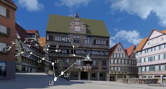 Tübingen: Marktplatz mit historischem Rathaus. Für die Studie sollten Tübinger Bürger ihre Heimatstadt von verschiedenen Blickwinkeln und Standorten aus im Kopf reproduzieren. Tübingen: Marktplatz mit historischem Rathaus. Für die Studie sollten Tübinger Bürger ihre Heimatstadt von verschiedenen Blickwinkeln und Standorten aus im Kopf reproduzieren.