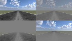 Im Fahrsimulator können unterschiedliche Sichtverhältnisse erzeugt werden: Links oben, "klare Sicht". Im Bild rechts oben ist der Kontrast in der Landschaft im gesamten Blickfeld gleich stark verringert worden. Das Bild links unten entspricht der Situation bei Nebel. Dabei ist die Sicht auf die Umgebung verschlechtert, je weiter sie entfernt ist. Bei Anti-Nebel (rechts unten) ist es genau umgekehrt: Die Sicht auf die Umgebung ist klarer, je weiter sie entfernt ist.