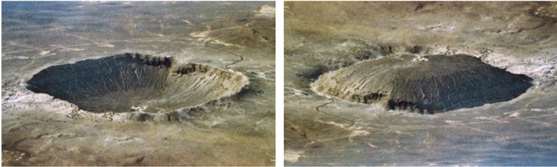 Loch oder Beule? Nimmt man an, das Licht kommt von links oben, so wird das linke Teilbild als Loch (Krater) interpretiert und das rechte als Beule (Hügel). Nimmt man hingegen an, das Licht kommt von rechts unten, dreht sich die Interpretation um, und das linke Teilbild wird als Beule an der Decke gesehen und das rechte Teilbild stellt dann ein Loch in der Decke dar. Doch diese zweite Interpretation ist für die meisten Betrachter viel schwieriger zu sehen, da unsere Wahrnehmung auf die Interpretation "Licht von oben" getrimmt ist. Dreht man das Bild auf den Kopf, sieht man, wie sich die Interpretation Loch/Beule umkehrt.